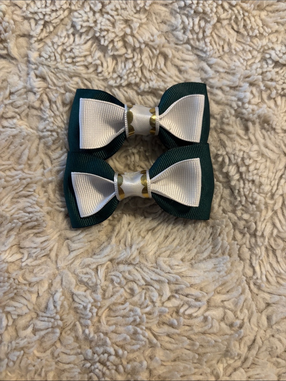 Green and White Double Ribbon Hair Bows with Gold Accent